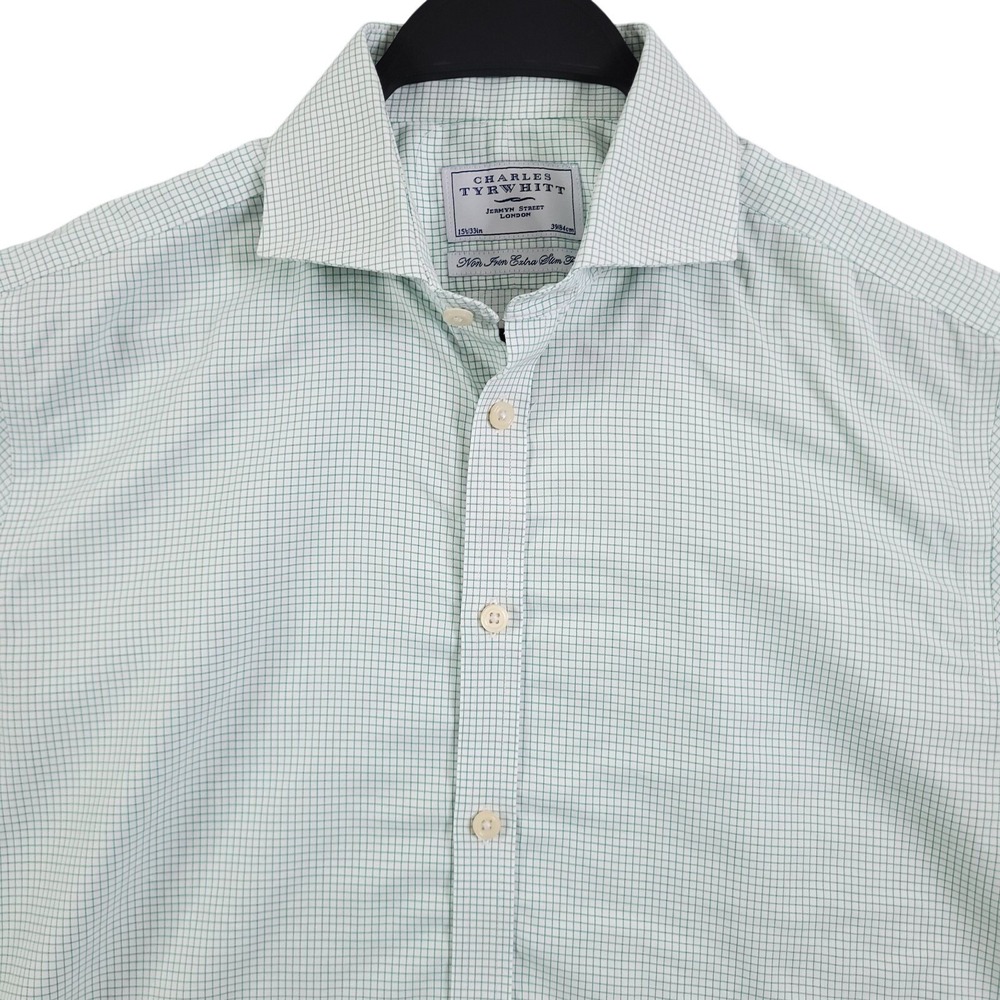 Charles Tyrwhitt Dress Shirt 15.5 33 Extra Slim Fit Green French Cuff Non Iron